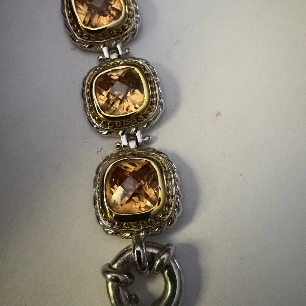 VTG Sterling Silver 925 2 Toned CZ Citrine Chunky Tennis Bracelet 7" Stunning - Picture 6 of 12